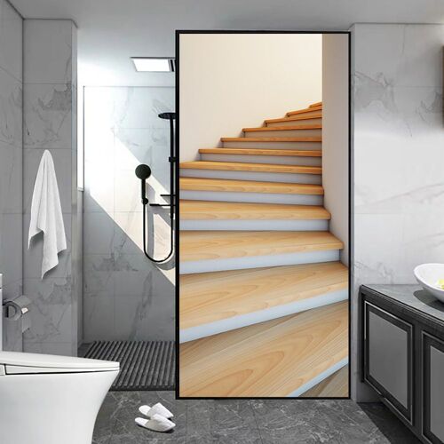 Modèle d'escalier en bois simulé 77x200cm 3D Sticker de Porte cave à vin Photo Mural Trompe l'oeil Stickers Muraux PVC Imperméable Papier Peint pour Chambre Salle de Bain Cuisine Décoration Autocollan