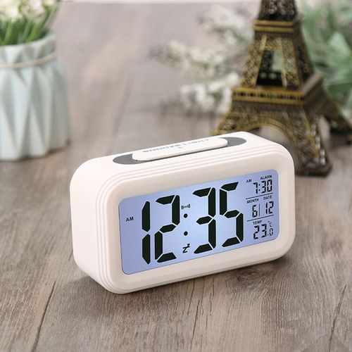 Réveil numérique,à Pile Silencieux pour Enfants Adultes Grand écran LED Température Calendrier, Reveil avec Veilleuse Snooze Fonction(Blanc)