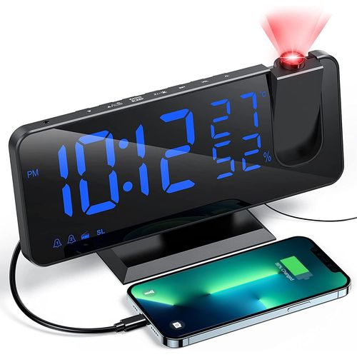 Aikove Reveil Projecteur avec Radio, Horloge Numérique, Réveil avec Port de USB, 3 Niveaux de Luminosité Réglables, Snooze et 15 Niveaux de Volume, 12/24h, pour Chambre, Maison, Bureau