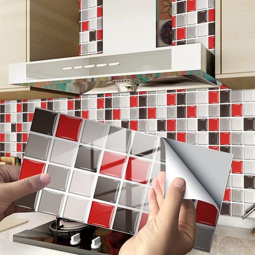 Mosaïque stickers pour salle de bain et de cuisine, modèle de marbre, de mosaïque, de l'adhésif imperméable à l'eau (mosaïque, rouge, 24 pièces)