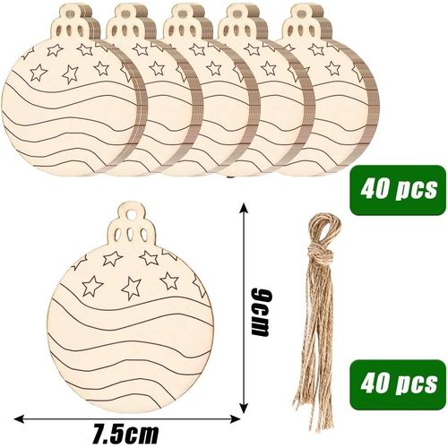 Lot de 40 pendentifs décoratifs en bois, décorations de Noël, pendentifs en bois pour sapin de Noël, boules de Noël rondes en bois