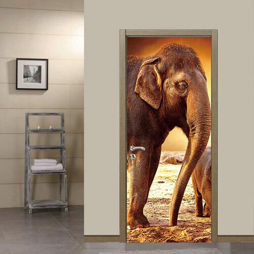 Promenade d'éléphant en plein air 77x200cm 3D Sticker de Porte cave à vin Photo Mural Trompe l'oeil Stickers Muraux PVC Imperméable Papier Peint pour Chambre Salle de Bain Cuisine Décoration Autocolla