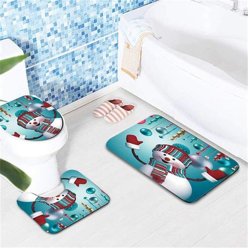3pcs/1set Joyeux Noël Salle De Bains De Douche Sets De,De Noël Tapis De Bain/Non-Dérapant Tapis De Bain/Imperméable À L'eau De Toilette D'un Couvercle,De Noël De Bonhomme De Neige Motif Décor De Sal