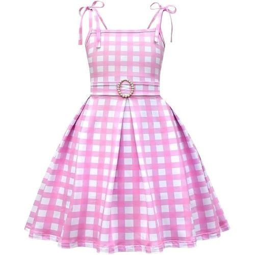 Robe De Princesse Rose Pour Fille (5-6 Ans) - Déguisement D'halloween À Carreaux Avec Accessoires