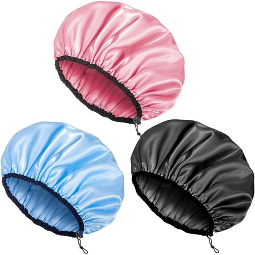 (Rose + Bleu + Noir) Bonnet De Douche 3 Couleurs Pour Femme, Réglable, Réutilisable, Extra Large, Double Couche, Imperméable, Extérieur Imperméable, Doublure Eva, Bonnet Pour Cheveux Toutes Longueurs 