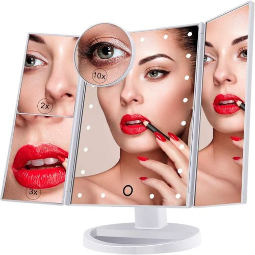 Kalanka-Miroir De Maquillage Triple Grossissant, Avec 21 Led, Miroir Lumineux 10 X / 3 X / 2 X Avec Écran Tactile, Double Alimentation, Rotatif À 180 ° 