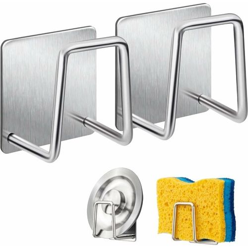 Éponge - Support en Acier Inoxydable 304 Éponge à Vaisselle Crochet Adhésif - Évier Accessoires - Adhésif Crochet, Cuisine, salle de Bains Stockage (2PACK, de l'Argent).