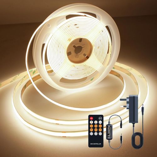 Ruban Led Cob 5m, 3000k Bande Led Dimmable 24v, Cri93+, Largeur 8mm, Avec Télécommande Et Alimentation, Pour Décoration Intérieure, Cuisine, Miroir