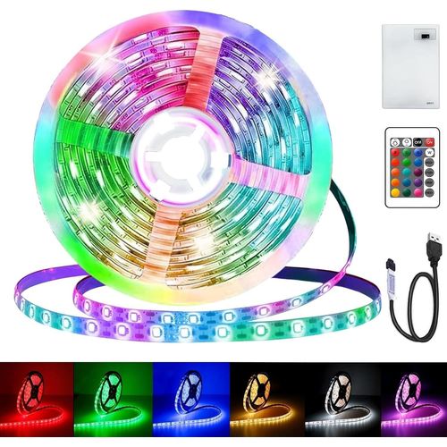 Bande Led Rvb 5050 De 2 M-Fonctionne Avec Piles Ou Usb-Intensité Variable À Distance-16 Couleurs-Avec Télécommande-Pour Armoires,Escaliers,Cuisine,Lits