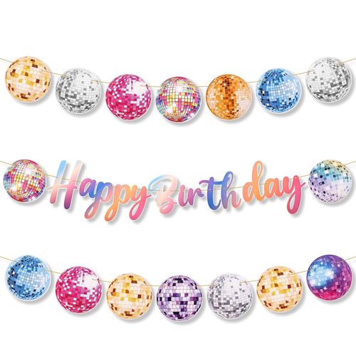 CHECARZHN--NO1-3Pcs Bannière De Fête Disco Paillettes, Bannière D'Anniversaire Thème Disco Guirlande Joyeux Anniversaire Décorations Anniversaire Bannière Fête D'Anniversaire Boule Disco Garçons Fill
