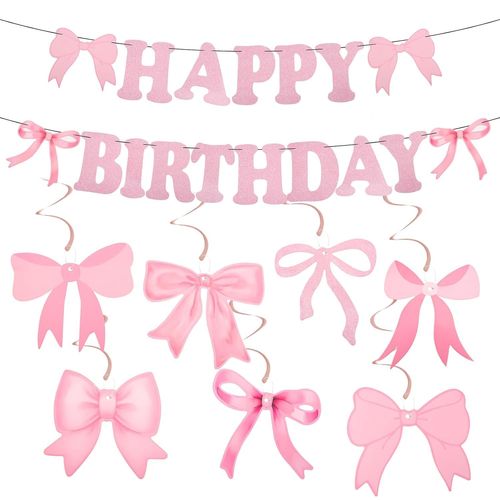 Bannière D'Anniversaire Avec N?ud Rose,Guirlande D'Anniversaire Avec N?ud Rose Bannière D'Anniversaire Avec N?ud Pour Femmes Filles Décoration De Fête D'Anniversaire