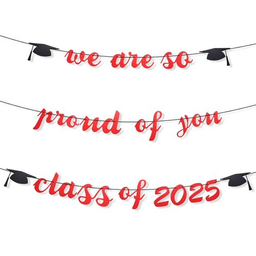 3pcs Bannières Remise Diplôme 2025,Décorations Remise de Diplôme à Paillettes Nous Sommes Si Fiers Vous Classe 2025 Félicitations pour Diplômés Fournitures de Fête pour Diplômé (Rouge)