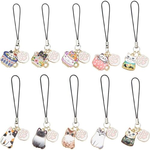 KAL-Pcs 10 Styles Breloques De Téléphone Chat, Alliage Émail Breloques De Téléphone Chaîne Mignon Chat Patte Breloques De Téléphone Sangle Dessin Animé Accessoires Pour Téléphone Porte-Clés