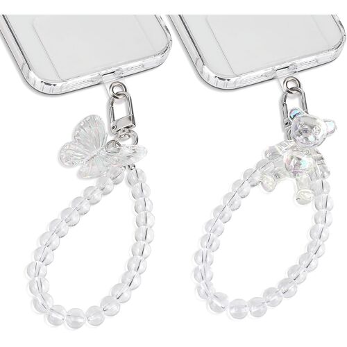 KAL-Pour 2 Pcs Chaîne De Telephone Portable Avec Patch Bracelet De Perles Collier, Mignon Ours Et Papillon Tpu Cristal Pendentif Porte-Clés Coque De Téléphone Accessoire