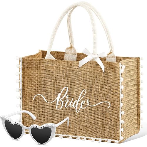 Set 2 Cadeaux De Mariée Sac Fourre-Tout En Jute 35 X 25 X 13 Cm Evjf Tote Bag Avec Ruban Bride To Be Lunettes Nuptiales De C?ur Accessoires Pour Mariage Douche Nuptiale Femmes