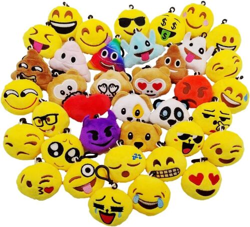MEVRONISSHOP-38 x Mini porte-clés émoticône peluche 5cm jaune petit visage souriant sac à dos porte-clés pour enfants adultes cadeaux de fête d'anniversaire souvenirs, remplisseurs de sacs de fête