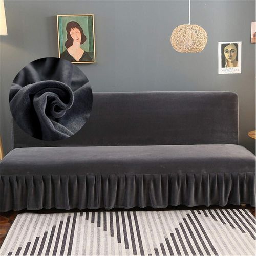 Housse De Futon Noir En Velours Sans Bras Avec Jupe À Volants Higly Extensible Futon Canapé Lit Couverture Pas De Tache De Bras R