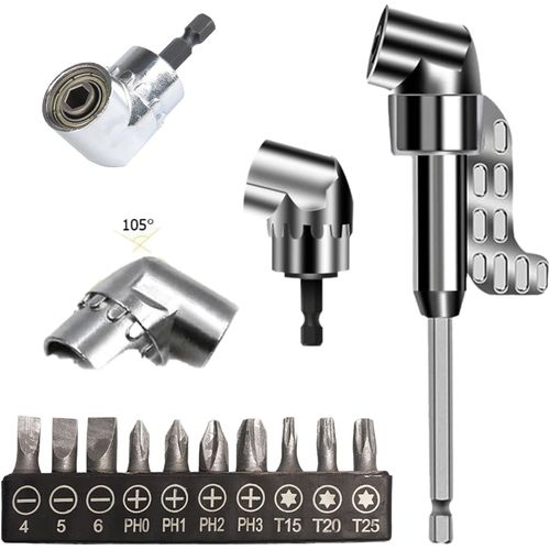 CHECARZHN--NO1-Adaptateur De Visseuse D'Angle 105°, Embout De Perçage D'Angle Hub Avec Embout De Tournevis Multifonction, Tige Hexagonale 1/4"", Engrenage Angulaire, Pour Les Garages Et Les Ouvriers (