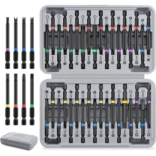 JEXNOVASHOP-Set Embouts Tournevis 36 Pcs, Long 75mm ¿ Embouts Sécurité Antivol Torx, Carré, XZN, Triangle ¿ Acier Cr-V 6150, Tige Hex Compatible Perceuse & Tournevis ¿ Étui Compact pour Bricolage & A