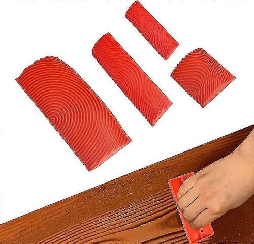 4 pièces en caoutchouc Outil de grain de bois Outils de peinture en caoutchouc Peigne Faux bois Bricolage imitation rouleaux de peinture pour meubles Décoration murale (rouge)