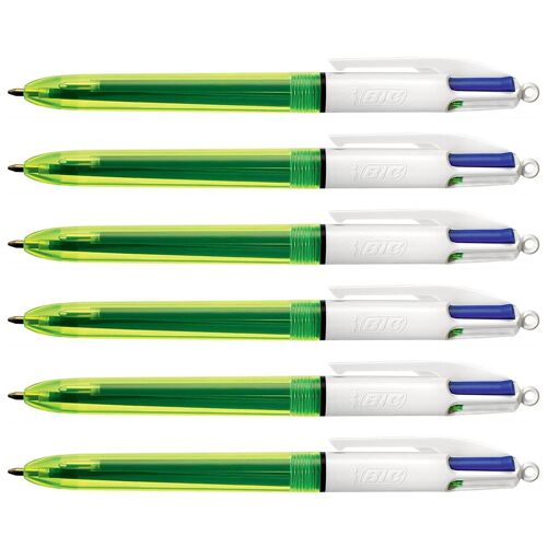 Bic Lot De 6 Stylos Bille Rétractable 4colours - 3 Noir, Rouge, Vert + 1 Fluo