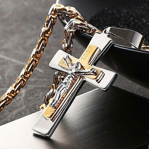 Catholique Jésus-Christ Croix Pendentif Collier En Acier Inoxydable Longue Chaîne Byzantine Crucifix Croix Collier