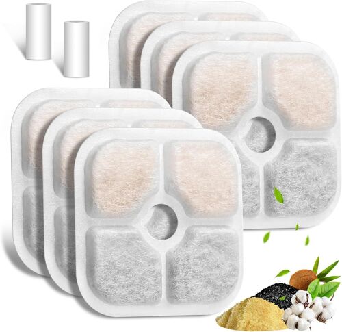 Kalanka-Filtre Fontaine Eau Chat, Lot De 6 Filtres De Remplacement Pour Fontaine À Eau Pour 2l/2.5l Fontaine À Eau Pour Chat, Filtre À Eau De Remplacement À Triple Action Avec Charbon Actif, 2 Tuyaux