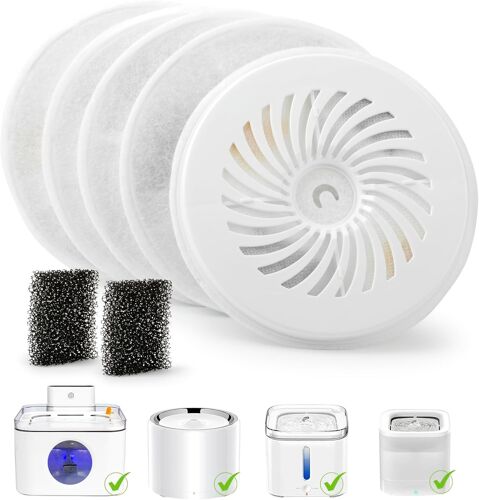 5 Pièces Filtres Et 2 Éponges De Protection De Pompe À Eau Pour Fontaine Eau Chat, Filtres De Remplacement Pour Fontaine À Eau Chat Sans Fil