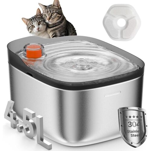 Fontaine A Eau Chat Inox, 4,5l Fontaine À Eau Pour Chat, Ultra Silencieux Avec Batterie 4000 Mah, Disponible Pour Les Animaux De Petite Et Moyenne Taille- Fs0010bk
