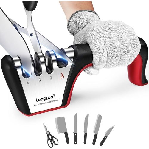 Aiguiseur Couteaux, 4 en 1 Affuteur Couteau Professionnel avec Une Paire de Gants Anti-Coupure, eguiseur de Couteau pour Ciseaux et Couteaux de Cuisine de Différentes Tailles-Rouge