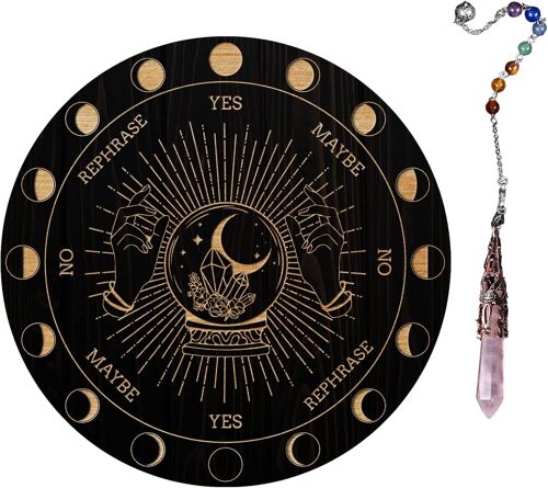 Planche De Pendule De Sorcière, Métaphysique De Divination Radiesthésie Planche En Bois Sculpté Avec Un Collier Planche À Pendule Ronde Kit Fournitures D'autel, Boule Cristal De Divination
