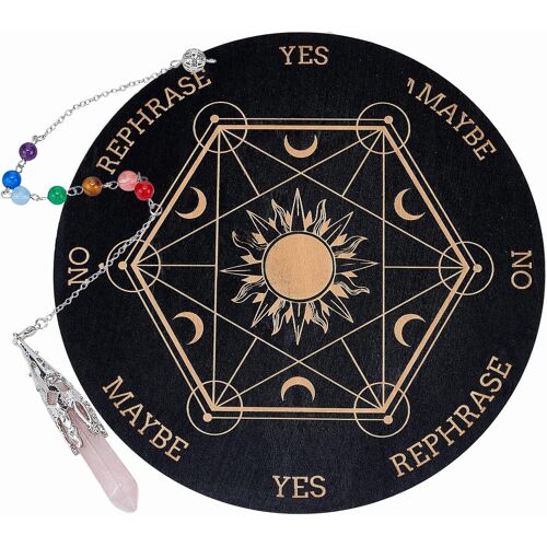 Planche De Pendule De Sorcière, Métaphysique De Divination Radiesthésie Planche En Bois Sculpté Avec Un Cristal Collier Planche À Pendule Ronde Kit Fournitures D'autel, Hexagramme Soleil