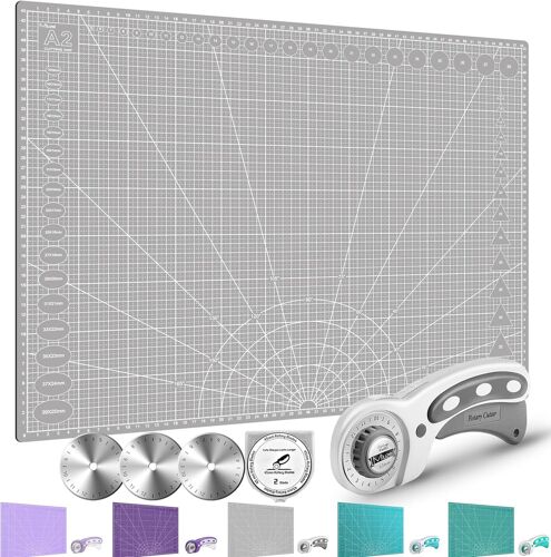 A2 Grande Tapis De Découpe Avec Coupe-Rouleau Et Lames De Rechange De 45 Mm,Accessoire De Couture, Auto-Cicatrisant Set De Coupe De Tissu, Grille Double Face, Gris.