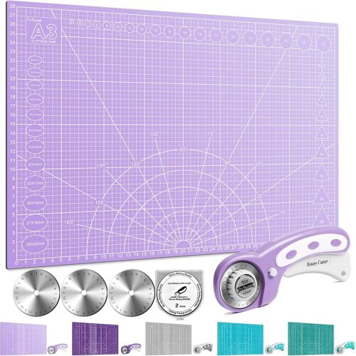 Tapis De Découpe A3 Avec Rouleau De Découpe, Tapis De Travail Auto-Nettoyant Lavable,Tapis De Découpe Ensemble De Coupe De Tissu Pour L'école Et La Famille, Lavande.