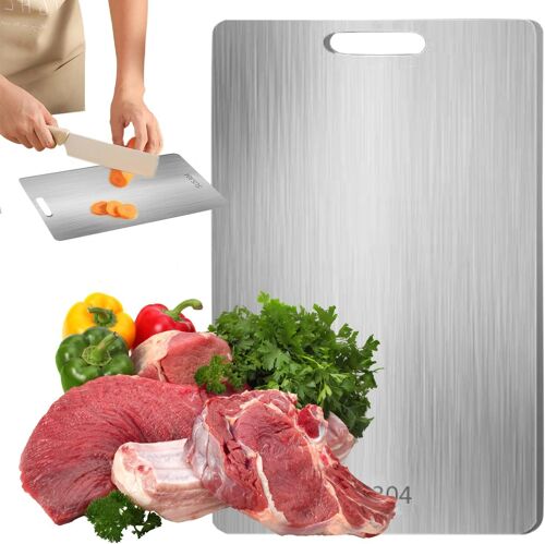 Planche à découper en titane 39 x 28 cm En acier inoxydable Multifonction Double face Sans BPA Pour cuisine et extérieur