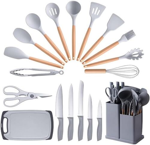 Ustensiles De Cuisine , 19 Pcs, Sans Bpa, Kit En Bois Et Silicone, Acier Inoxydable, Antiadhésif, Avec Pot De Rangement, Couteaux, Planche À Découper Haute Qualité (Gris)