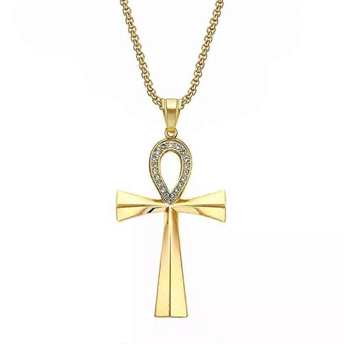 Égypte Glacé Bling Ankh Croix Pendentif Collier Femmes Hommes Clé De La Vie Couleur Or Acier Inoxydable Strass Bijoux Égyptiens