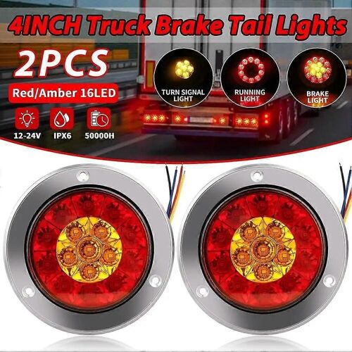 2pcs 12-24v 16 Led Voiture Rond Feux Arrière Px6 Étanche Stop Frein Feu De Circulation Feu Clignotant Inversé Pour Camion Remorque Camion