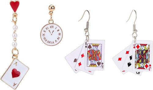 Lot De 2 Paires De Boucles D'oreilles Asymétriques Amusantes Pour Femme En Forme De Poker - Belle Décoration De Fête, Métal, Alliage