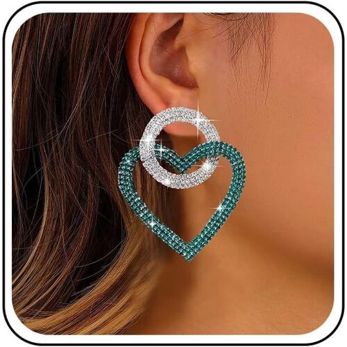 Kal-Boucles D'oreilles Coeur En Strass Boucles D'oreilles Coeur En Cristal Boucles D'oreilles En Cristal Vert Boucles D'oreilles Géométriques Boucles D'oreilles Rondes Bijoux Pour Femmes