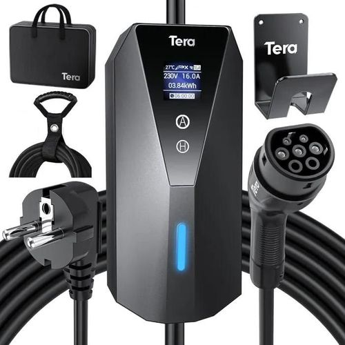 Tera Portable EV Charger Type 2 with 7m Charging Cable 3.68kW 16A Schuko Plug Adjustable Charging Box Cable Ties P02 Black