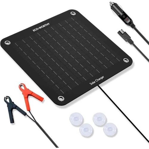 ECO-WORTHY 10W 12V Car Battery Maintainer, Portable Solar Maintenance Charger with Cigarette Lighter or Crocodile Clips for RVCampi