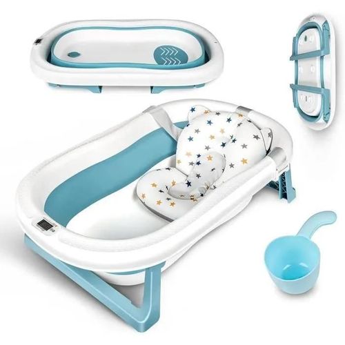 Einesin Xxl Baignoire Pliable Bébé Avec Thermomètre À Eau,Coussin,Rince Tete Bebe,83 X 50 X 21 Cm Bleu