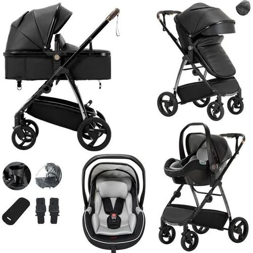 Lnhcrbs Poussette 3 En 1, Poussette Compacte Avec Chassis En Aluminium Pliable D'une Seule Main, Poussette Bebe Avec Habillage Pluie