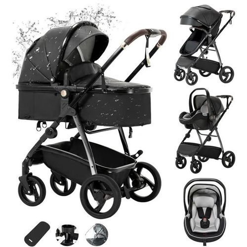 Zkiprm Cuir Poussette 3 En 1, Systeme De Voyage 3-En-1 Avec Siege Auto, Avec Habillage Pluie, Chassis Aluminium, Landau De Ville Pli