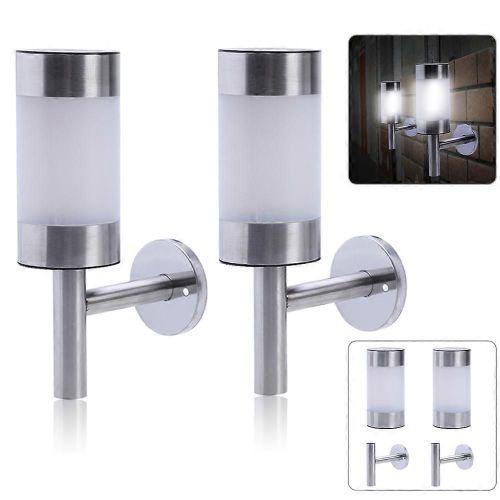 2pcs Acier Inoxydable Énergie Solaire Led Applique Murale Clôture Blanc Brillant Led Ampoule Lampe Extérieur Jardin Cour Éclairage