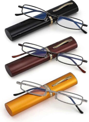 Paquet De 3 Lunettes De Lecture De Poche Minces Pour Hommes Femmes Blocage De La Lumière Bleue Lecteurs Compacts Charnière À Ressort Lunettes À Monture Métallique Avec Tube De Clip De Stylo Portable 