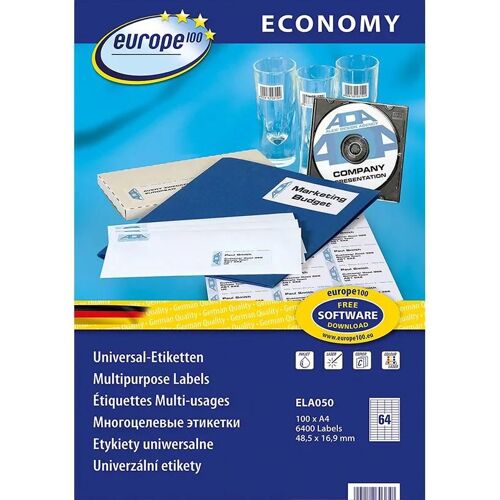 europe100 ELA001 - Papier - adhésif permanent - blanc - 38 x 21.2 mm 6500 étiquette(s) (100 feuille(s) x 65 étiquettes multi-emploi