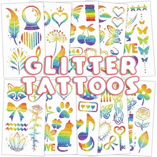 Lbgwp60-10pcs Paillettes Arc-En-Ciel Tatouages Temporaires, Papillon Coeur Fleur Arc-En-Ciel Drapeau Body Art Autocollant, 65 Tatouages De Vi Brillant Pour Filles Garçons Anniversaire 
