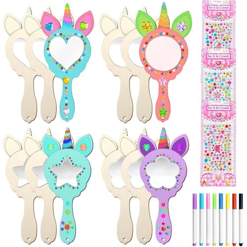 Lbgwp60-Licorne Miroir À Main Princesse En Bois De Bricolage 12 Pièces Enfant Miroir En Bois À Peindre À Décorer Diy Petit Miroir Avec Poignée Loisirs Créatifs En Bois Set Pour Fille Anniversaire Fêt